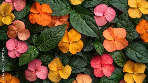 Wallpaper Mural Vibrant orange pink and yellow flowers amongst green leaves Torontodigital.ca
