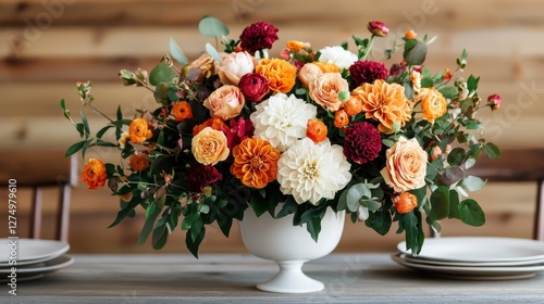 A vibrant floral arrangement featuring roses, marigolds, and dahlias in a white vase, set against a rustic wooden backdrop.