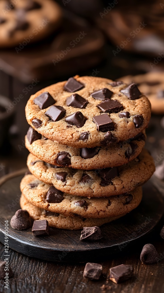 Delicious stacked chocolate chip cookies on a dark wooden surface. Delicious stacked chocolate chip cookies on a dark wooden surface.