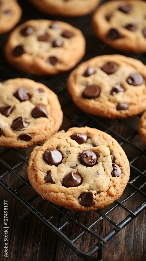 Freshly baked chocolate chip cookies on a cooling rack. Freshly baked chocolate chip cookies on a cooling rack.