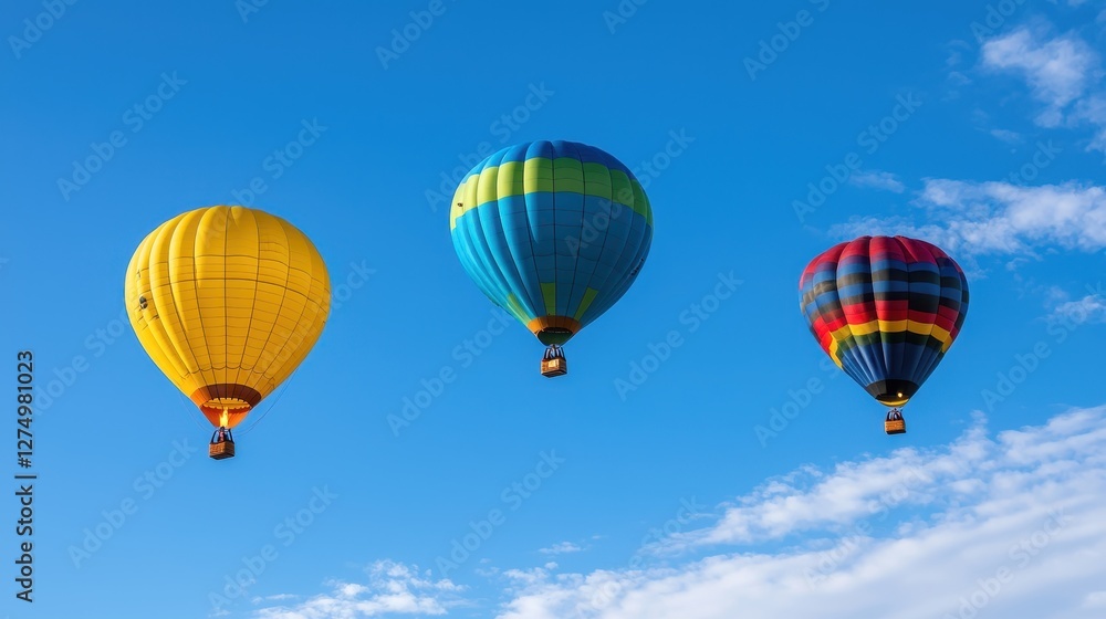Naklejka premium Three colorful hot air balloons soar against a clear blue sky, creating a vibrant and joyful scene of adventure and freedom.