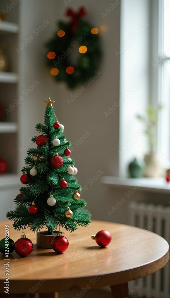 Wooden table with a small Christmas tree on it, decorative, christmas, seasonal Wooden table with a small Christmas tree on it, decorative, christmas, seasonal