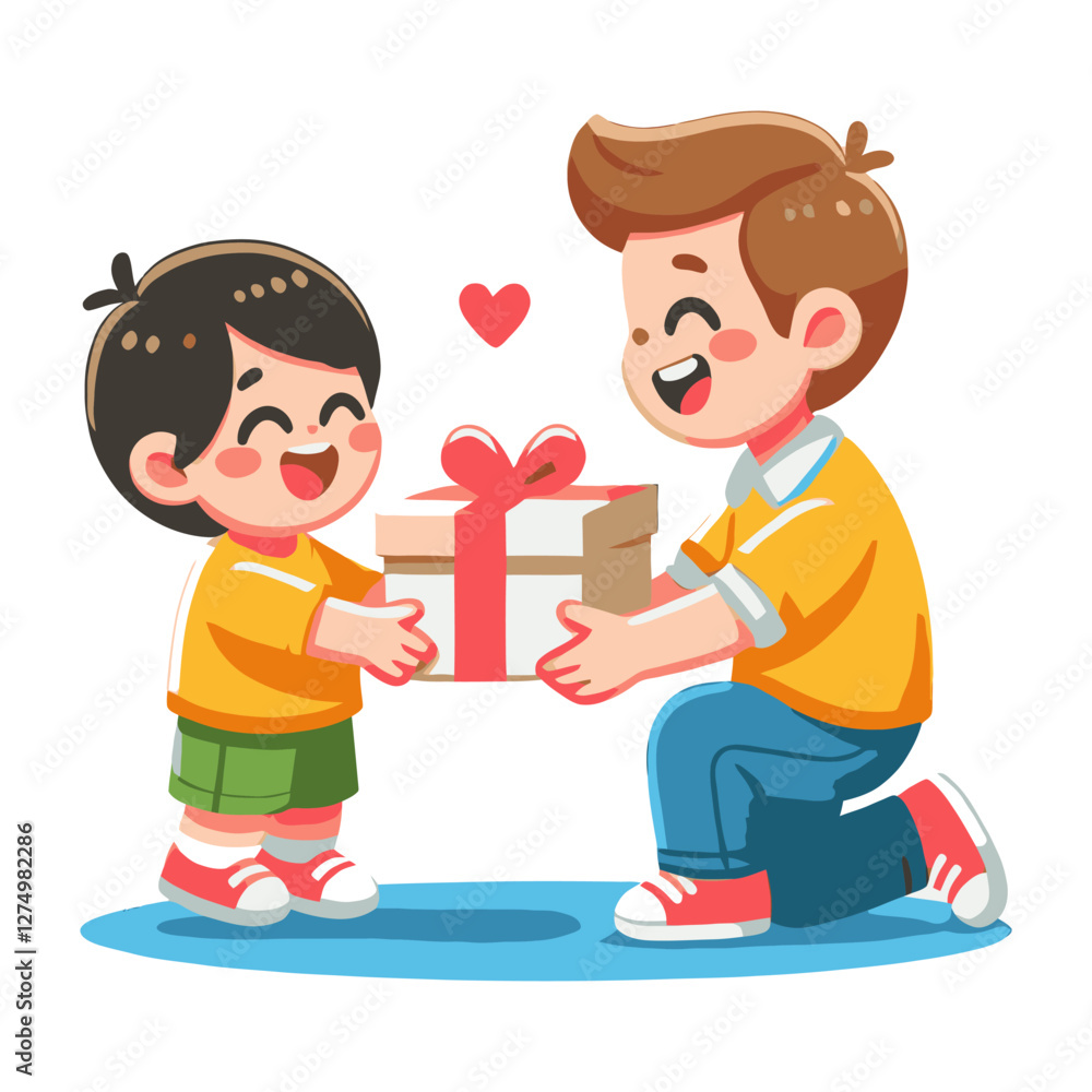 Happy Brothers Sharing a Gift Illustration