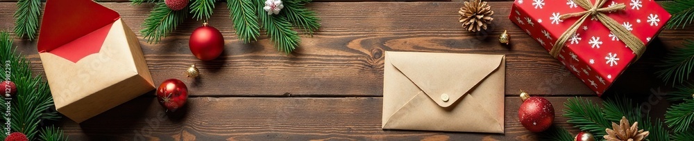 Wooden table with festively decorated envelopes and boxes, handmade paper, Wooden table with festively decorated envelopes and boxes, handmade paper,