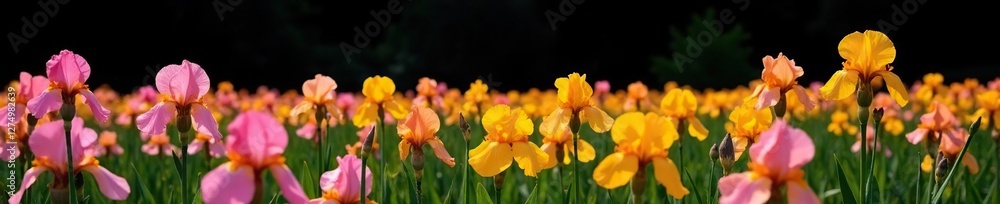 Yellow and pink irises in a field with a black sky, landscape, pink Yellow and pink irises in a field with a black sky, landscape, pink