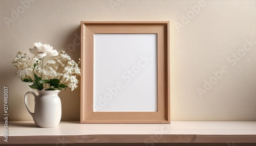 Empty Wooden Picture Frame Mockup Against a Beige Wall Background, Floral Table Setting Amidst an Aura of Serene Minimalism and Elegance.