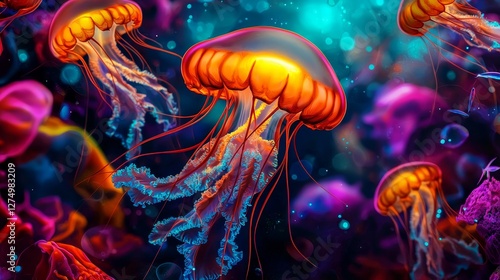 Psychedelic-style depiction of glowing jellyfish, swirling orange and blue tentacles creating hypnotic patterns, surrounded by colorful marine creatures