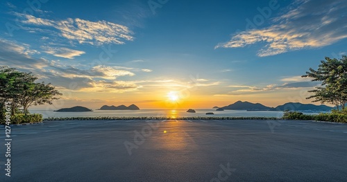 Sunset ocean view asphalt parking lot tropical islands