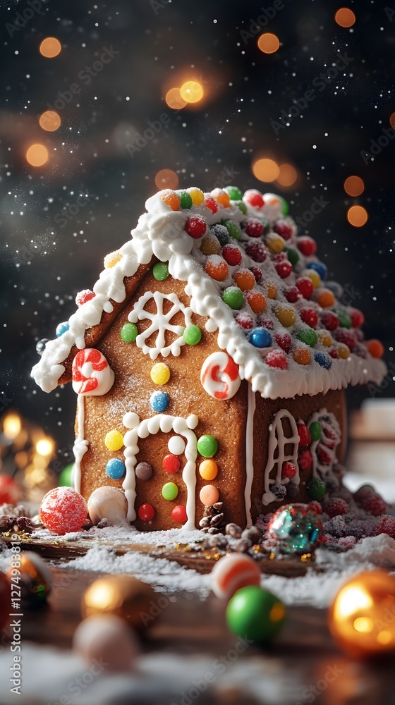 Naklejka premium Festive gingerbread house adorned with colorful candies and icing, capturing holiday spirit.