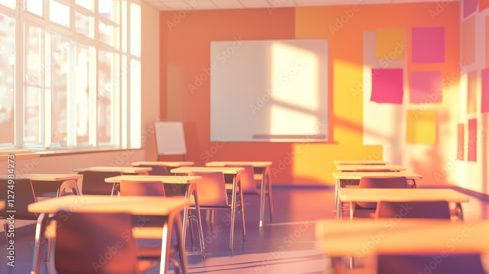 Empty student desks arranged in a semi-circle, blurred background of classroom posters and a whiteboard, warm tones, inviting atmosphere Empty student desks arranged in a semi-circle, blurred background of classroom posters and a whiteboard, warm tones, inviting atmosphere