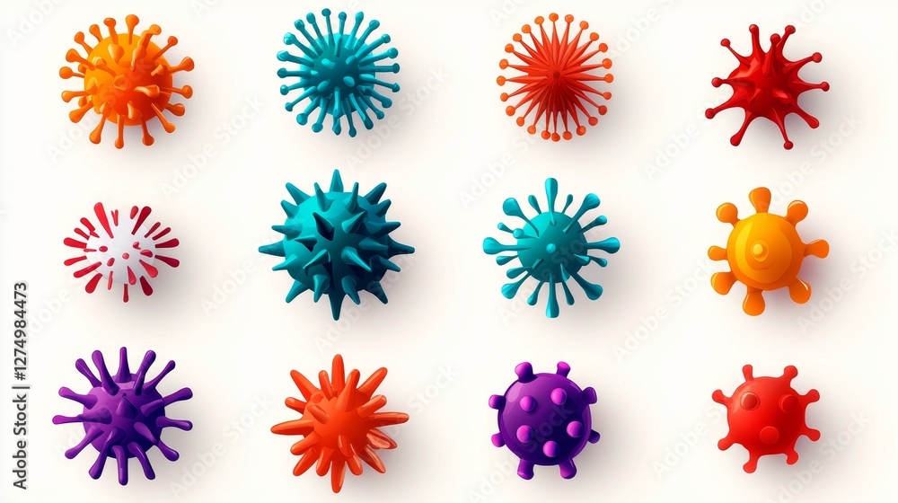 Collage of close-up colorful virus and germ icons, flat design style, isolated on a clean white background, vibrant and playful look Collage of close-up colorful virus and germ icons, flat design style, isolated on a clean white background, vibrant and playful look