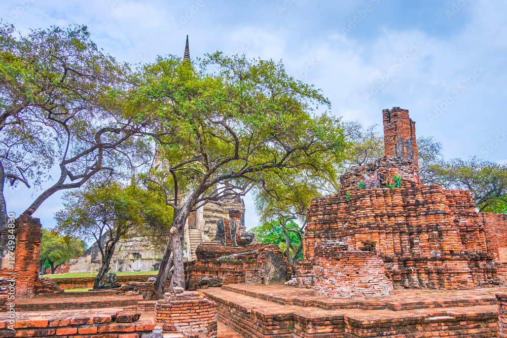 Wat Phra Si Sanphet archaeological complex in green park, Ayutthaya, Thailand