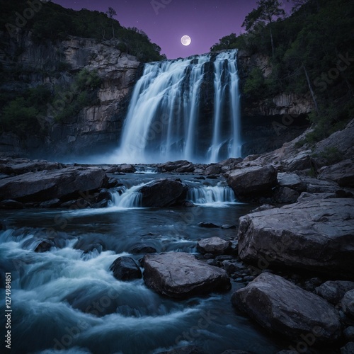 A waterfall cascading over shimmering amethyst rocks under the moonlight.