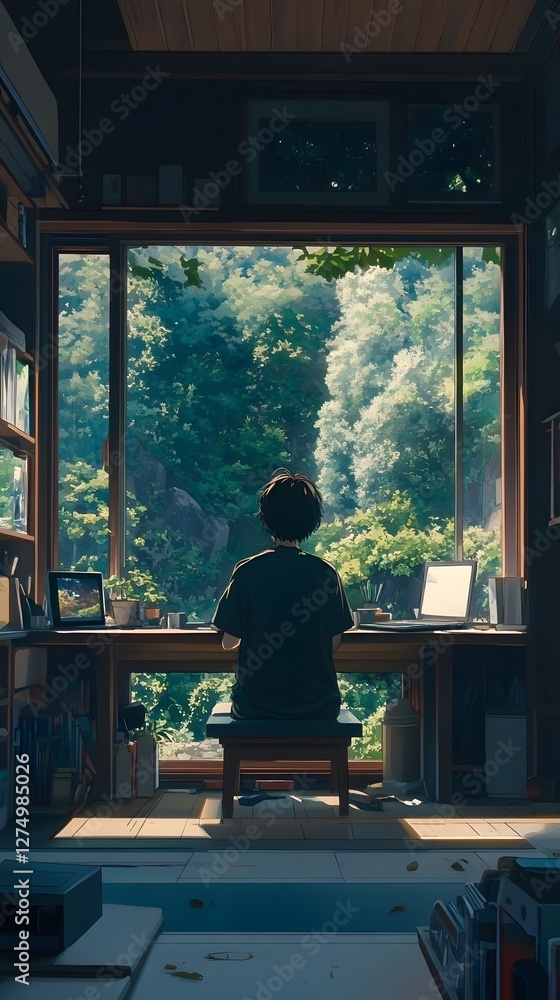 A young person gazes out a window, lost in thought amidst nature's beauty. A young person gazes out a window, lost in thought amidst nature's beauty.
