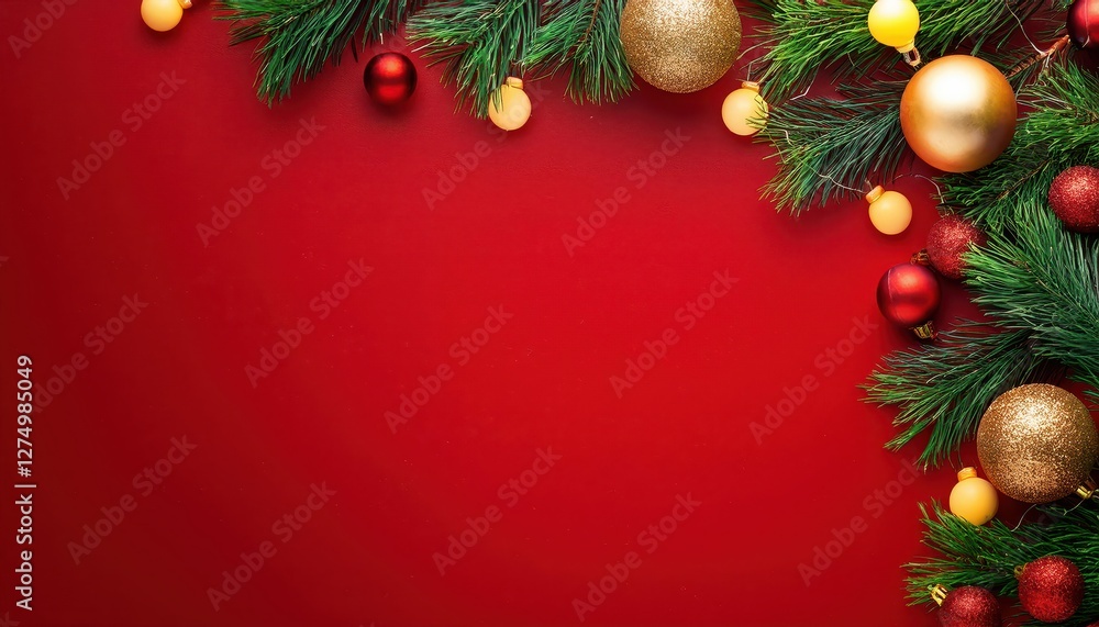 Vibrant Christmas Cheer Green Pine Boughs, Glossy Red Baubles, and Golden Details Decorate a Lively Festive Border Frame Vibrant Christmas Cheer Green Pine Boughs, Glossy Red Baubles, and Golden Details Decorate a Lively Festive Border Frame