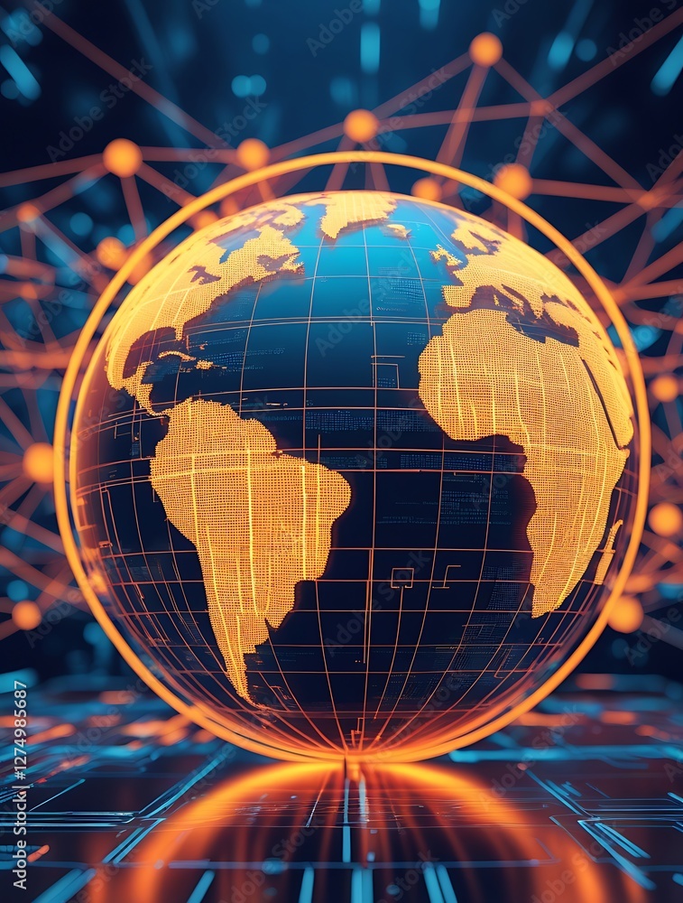 Naklejka premium Futuristic digital globe surrounded by a glowing network of connections, representing global technology, communication, innovation, and a high-tech interconnected world