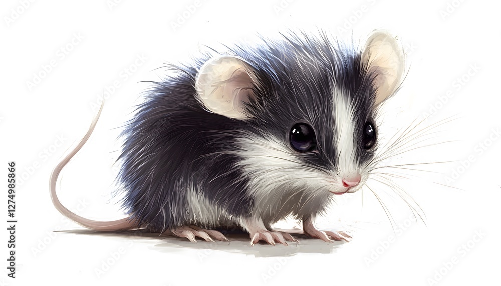 Fototapeta premium Cute cartoon mouse with big eyes stands on white surface