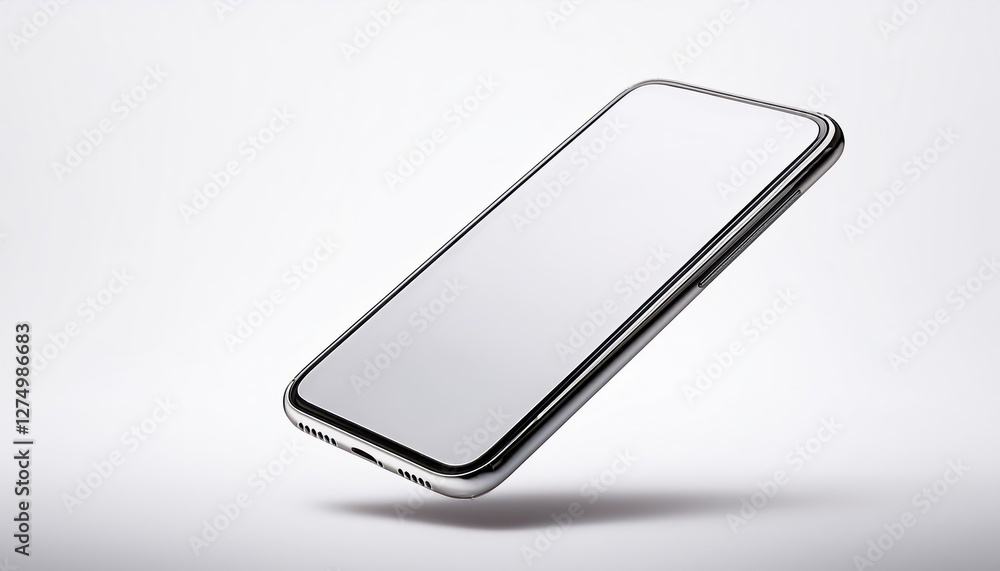 Minimalist White Backdrop Showcasing Sleek Phone Mockup in Suspension, Perfect for Digital Art or Design Inspiration Minimalist White Backdrop Showcasing Sleek Phone Mockup in Suspension, Perfect for Digital Art or Design Inspiration