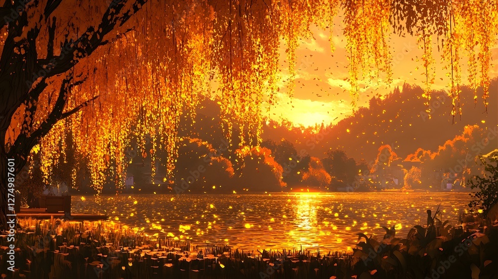 Fototapeta premium Willow trees hanging by the lake in the sunset glow