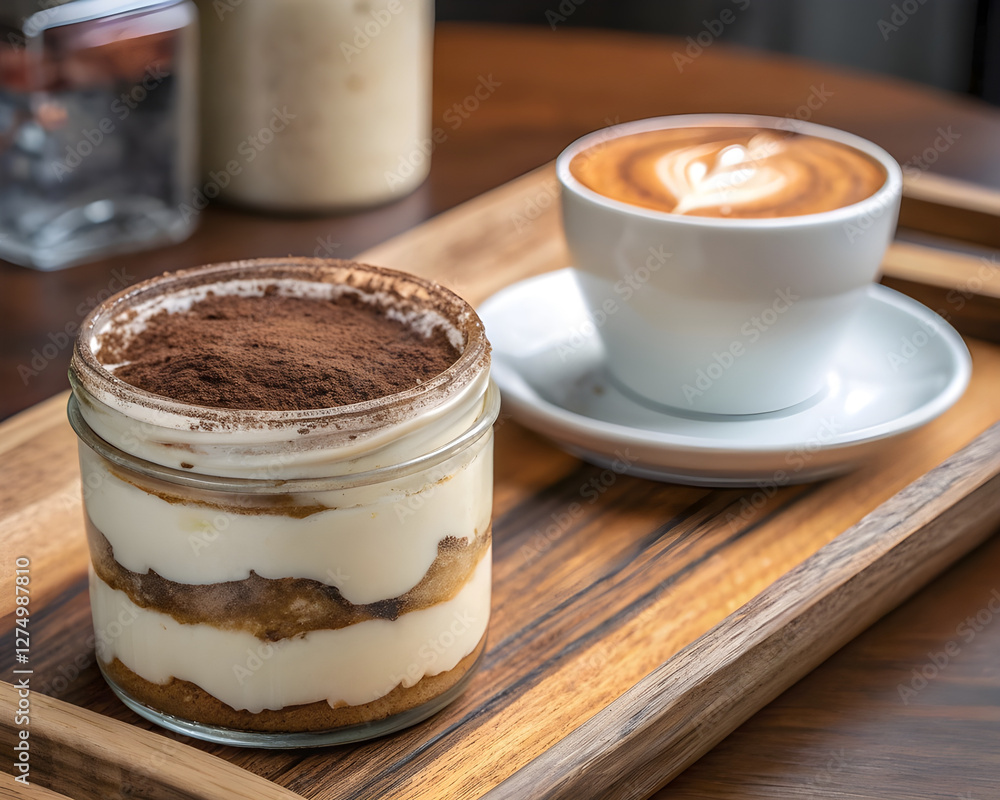 Tiramisu im Glas mit Cappuccino auf Holztablett im Café Tiramisu im Glas mit Cappuccino auf Holztablett im Café