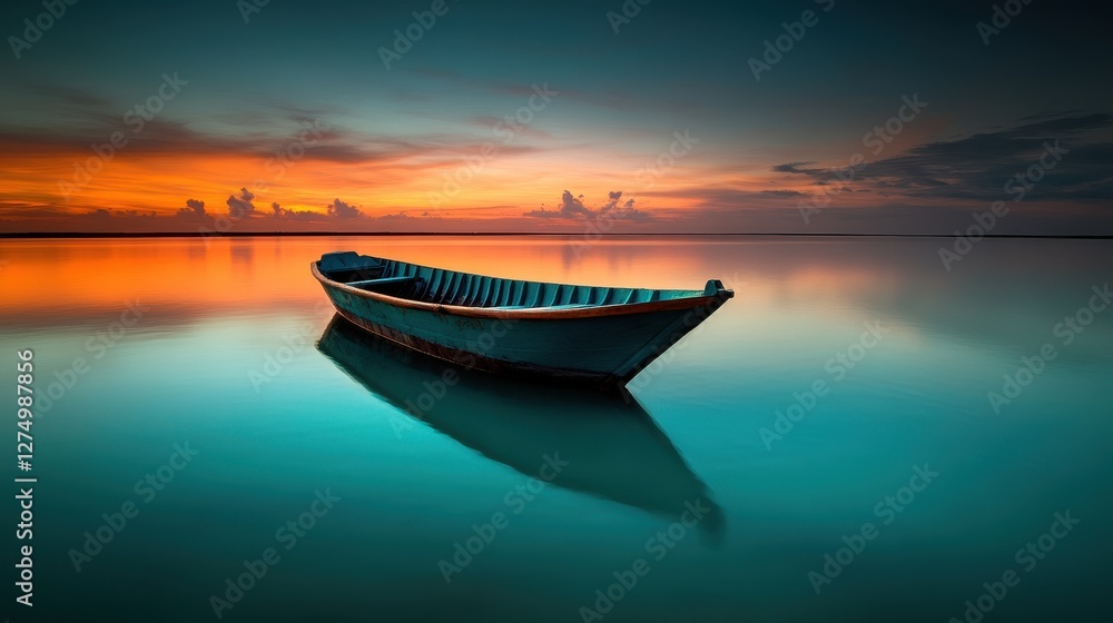 Serene Sunset Over Calm Waters with a Lonely Wooden Boat at Dusk Serene Sunset Over Calm Waters with a Lonely Wooden Boat at Dusk