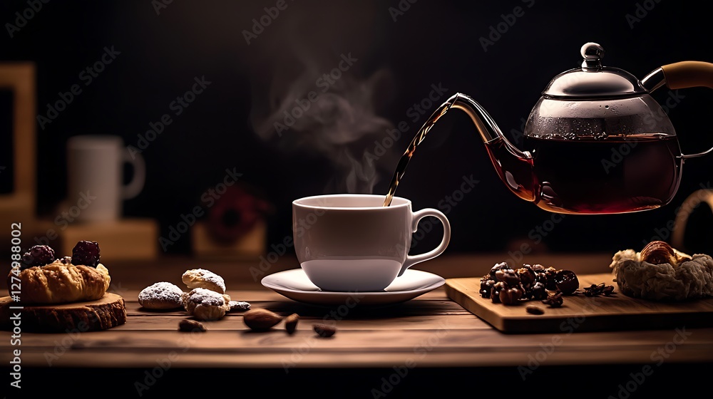 A steaming cup of tea being poured from a kettle, surrounded by pastries and coffee beans on a wooden table A steaming cup of tea being poured from a kettle, surrounded by pastries and coffee beans on a wooden table