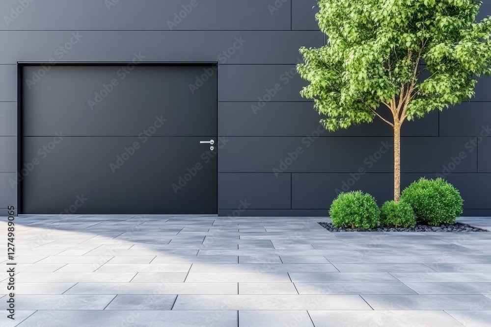 Fototapeta premium Modern Minimalist Architecture with Black Wall, Door, and Lush Green Tree in Urban Setting