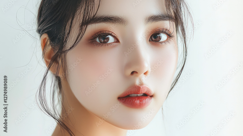 Beautiful Asian woman with full lips, clean skin, and glossy hair, with natural makeup on her face, generative AI Beautiful Asian woman with full lips, clean skin, and glossy hair, with natural makeup on her face, generative AI