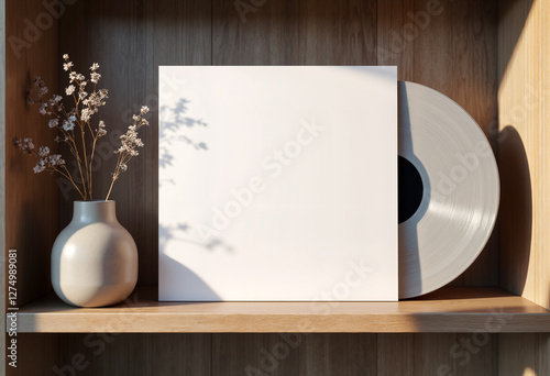 Photo mockup of a blank album cover template for a vinyl record release on the wooden shelf