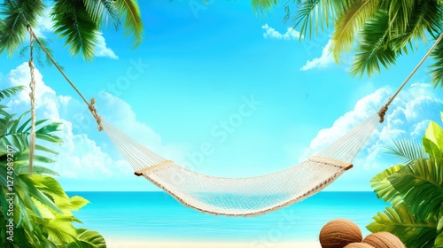 Paradise Found: An inviting hammock sways gently between lush palm trees, overlooking the breathtaking expanse of a crystal-clear turquoise sea, promising relaxation and serenity. 