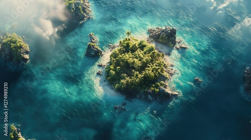 Island Paradise: A stunning aerial perspective showcases a cluster of lush, tropical islands in the middle of crystal-clear turquoise waters, inviting exploration and serenity.