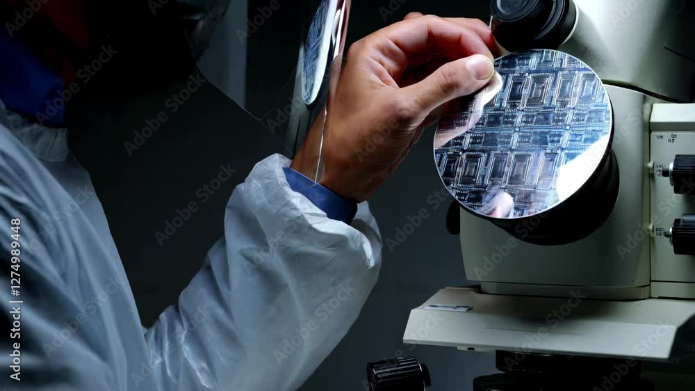 Precision focused lab worker wiping silicon wafer, ensuring clean ...