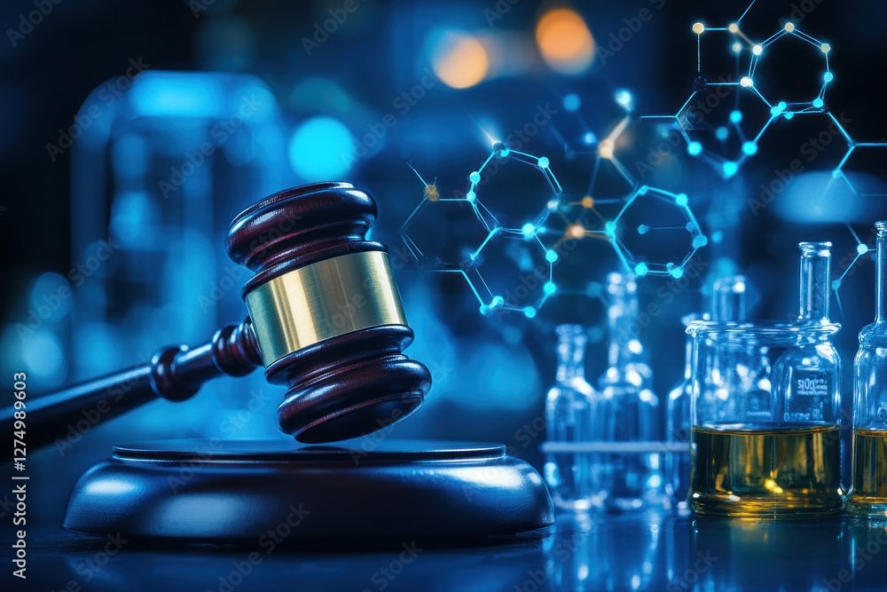 Law and science; gavel, lab equipment Law and science; gavel, lab equipment