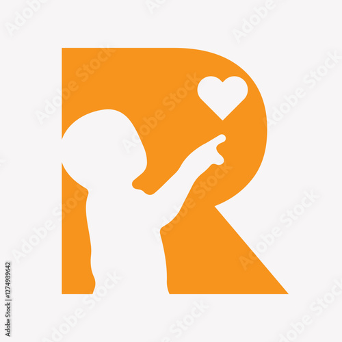 Initial Charity Logo On Letter R Combine With Baby Holding Hear Symbol