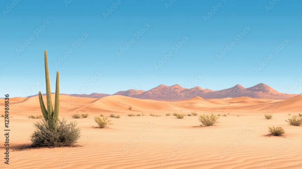 Desert Oasis: A serene desert landscape unfolds beneath a clear blue sky, featuring rolling sand dunes, sparse desert vegetation, and majestic mountains in the distance. Desert Oasis: A serene desert landscape unfolds beneath a clear blue sky, featuring rolling sand dunes, sparse desert vegetation, and majestic mountains in the distance.