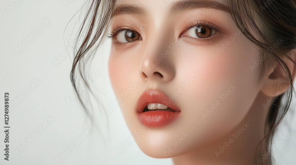 Beautiful Asian woman with full lips, clean skin, and glossy hair, with natural makeup on her face, generative AI Beautiful Asian woman with full lips, clean skin, and glossy hair, with natural makeup on her face, generative AI