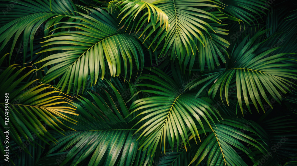 Obraz premium Lush green palm leaves create vibrant tropical backdrop, showcasing various shades of green and intricate textures. This evokes sense of tranquility and nature beauty