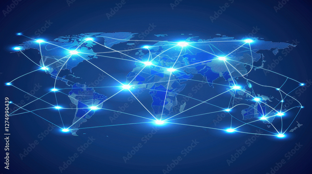 Naklejka premium digital world map with glowing connections representing global networking and communication. blue tones create modern and technological feel