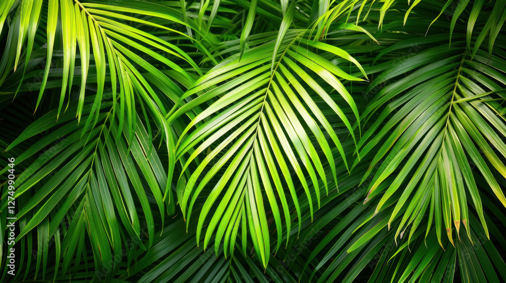 Obraz premium Lush green palm leaves create vibrant tropical backdrop, showcasing nature beauty and tranquility. intricate patterns and textures of leaves evoke sense of calm and relaxation