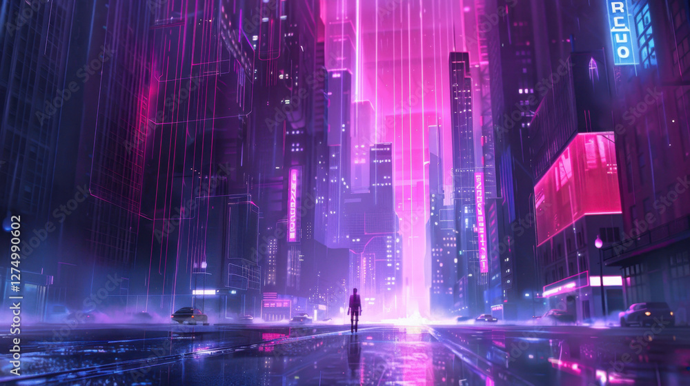Fototapeta premium futuristic cityscape with neon lights and tall buildings, showcasing vibrant atmosphere. scene evokes sense of wonder and exploration in cyberpunk setting