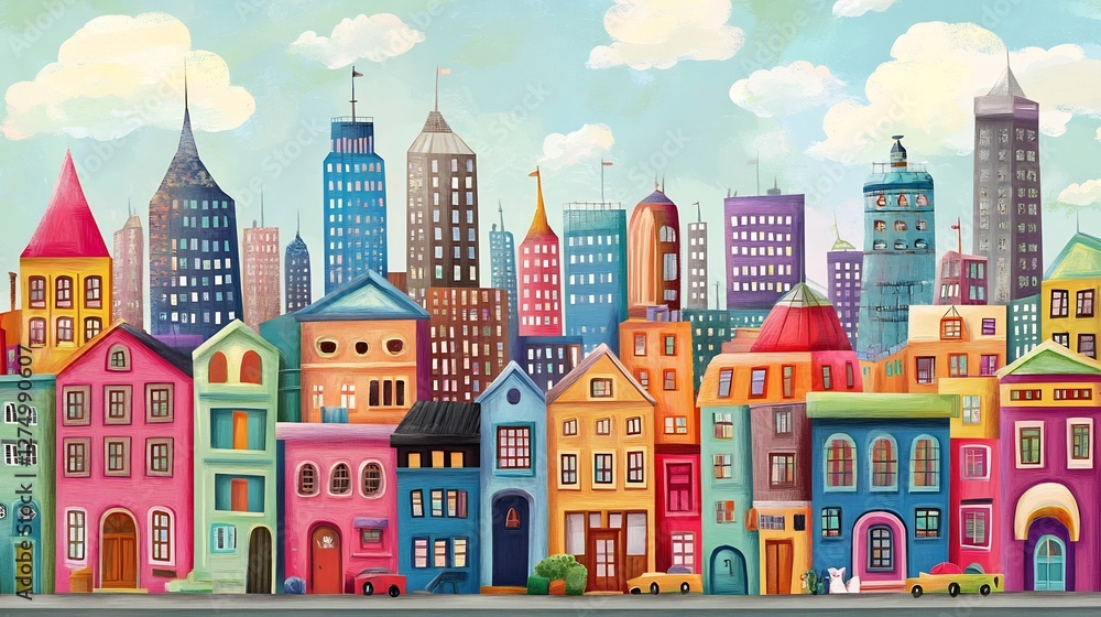 Naklejka premium cartoon city skyline with fun colorful buildings