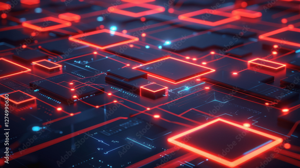 Futuristic digital circuit board with glowing red lines and shapes, representing technology and innovation. intricate design evokes sense of advanced computing and connectivity Futuristic digital circuit board with glowing red lines and shapes, representing technology and innovation. intricate design evokes sense of advanced computing and connectivity