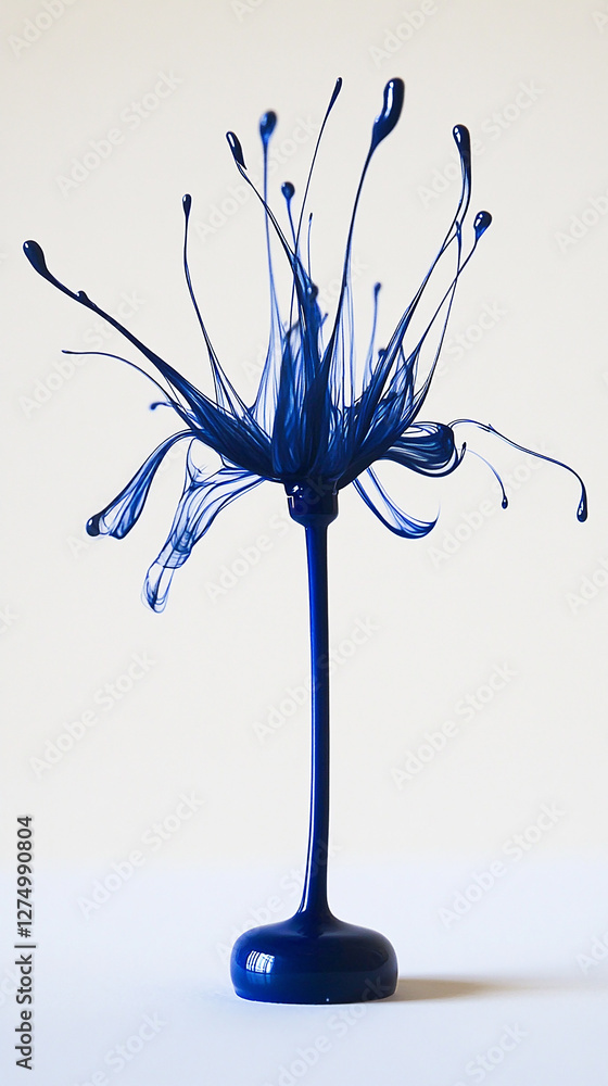 Obraz premium Abstract blue liquid sculpture resembling a flower, set against a plain background, showcasing fluid dynamics