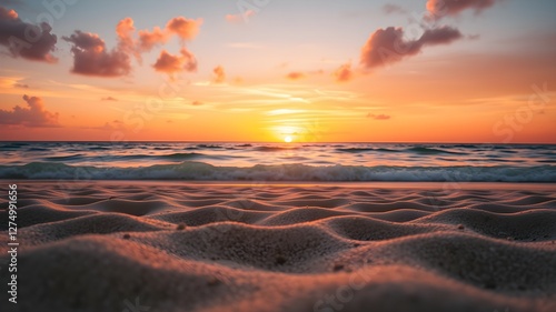 Closeup sea sand beach. Panoramic beach landscape. Inspire tropical beach seascape horizon. Orange and golden sunset sky calmness tranquil relaxing sunlight summer mood. Vacation travel holiday banner