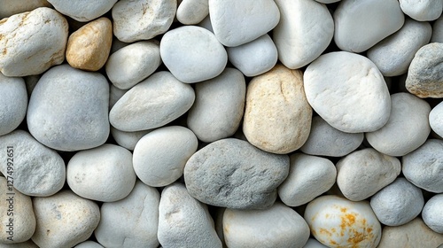 Top view shot of a vast, textured surface, smooth white mixed with other color pebbles stones, creating a serene and natural stone background. Suitable for marketing or business purposes
