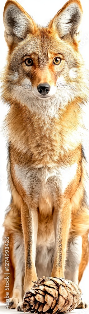 Coyote sitting with pine cone studio setting animal photography isolated background close-up wildlife concept