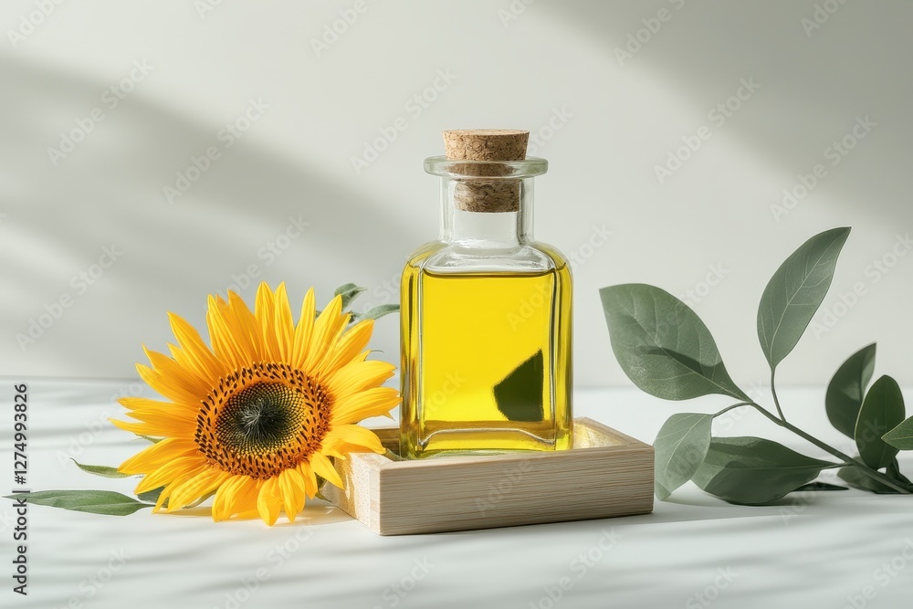 Sunflower Oil Bottle with Sunflower Flower and Green Leaves on Minimalist Background Sunflower Oil Bottle with Sunflower Flower and Green Leaves on Minimalist Background