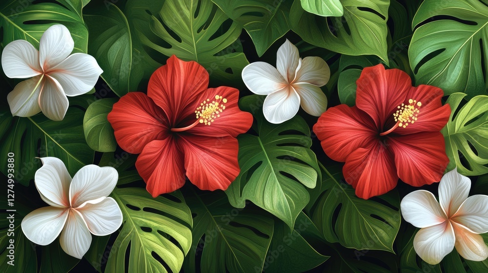 custom made wallpaper toronto digitalTropical flowers and leaves, vibrant floral background, ideal for nature-themed designs