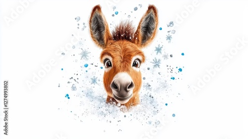 Playful donkey in snow winter wonderland digital art whimsical environment close-up view joyful concept