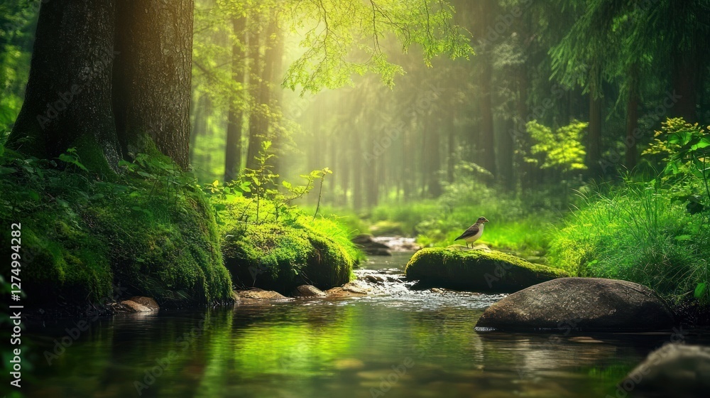 Fototapeta premium Serene Forest Stream With Bird On Rock